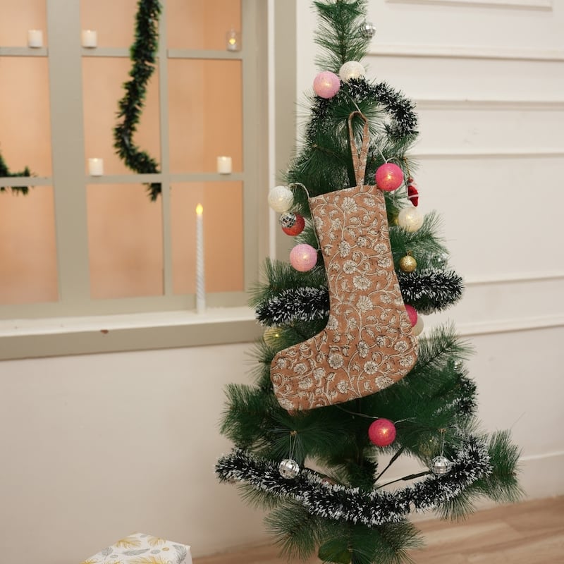 Fabdivine Handmade Linen Floral Block Print Christmas Stocking Home Décor Perfect for Gift - 10"X4.5" - Sangmarmar- Chocolate Brown