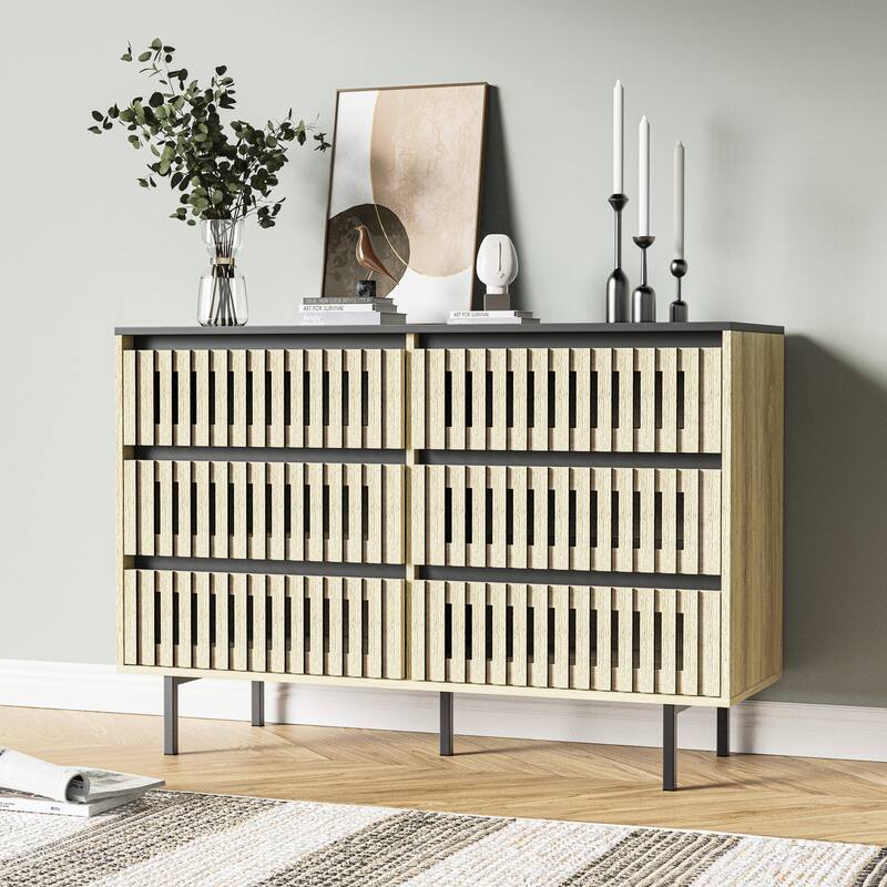 Double Dressers with 6 Drawers, Large Capacity Fluted Wood Storage Cabinet, Clothing Organizer with Metal Legs - Natural+Black