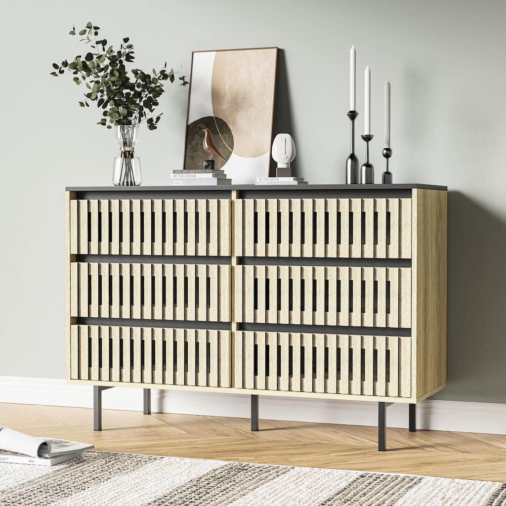 Double Dressers with 6 Drawers, Large Capacity Fluted Wood Storage Cabinet, Clothing Organizer with Metal Legs