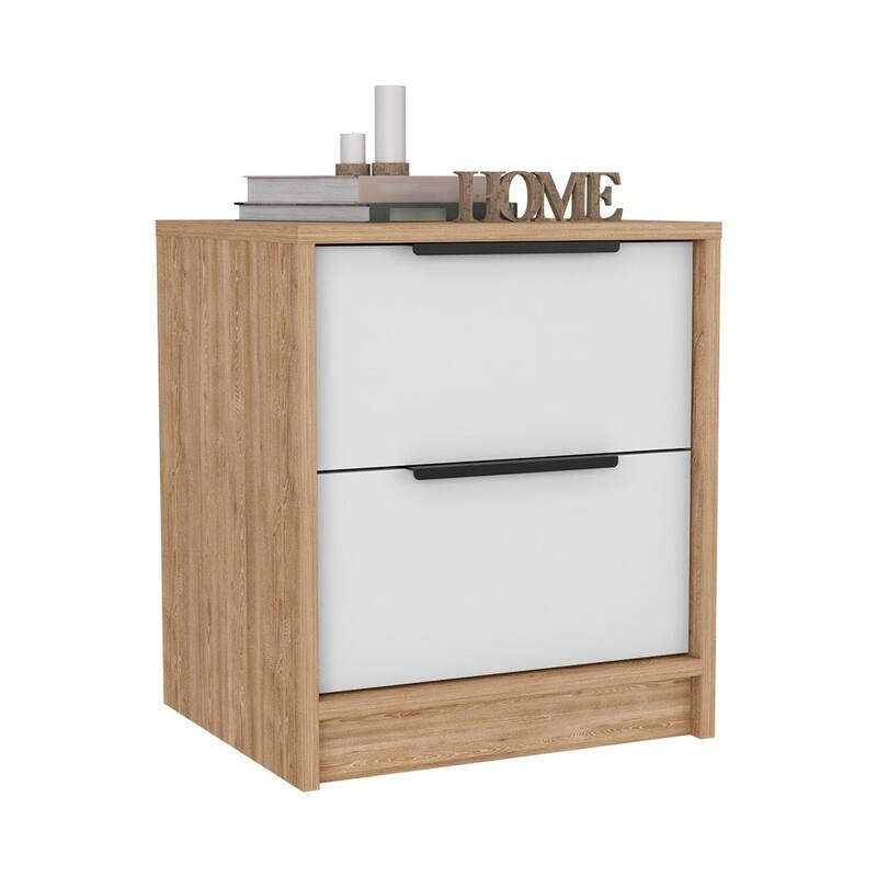 Modern Two-Drawer Nightstand, White & Light Oak, Metal Hardware