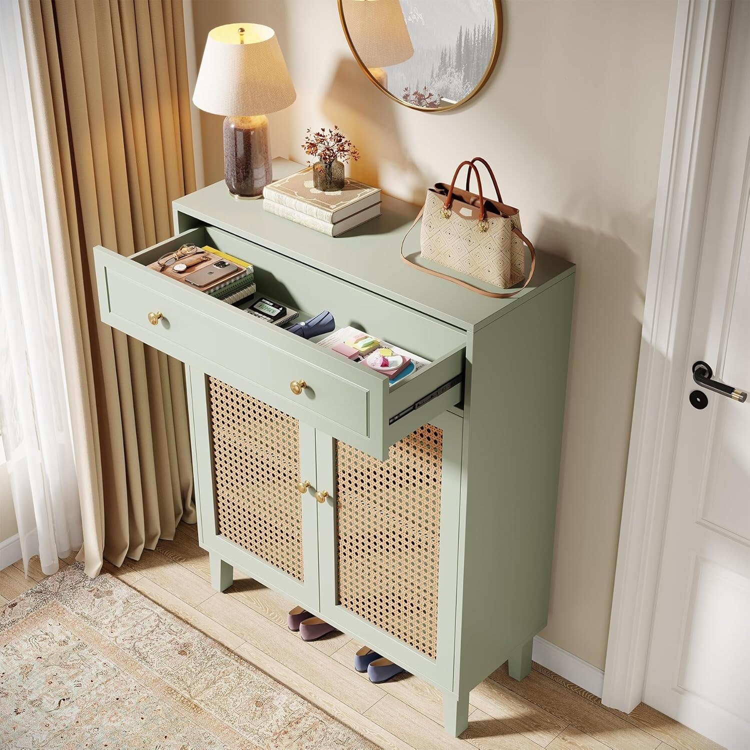 Shoe Cabinet with Doors and Drawer, Modern Rattan Shoe Storage