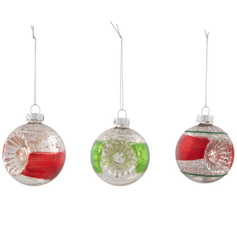 Retro Reflector 2-Finish Christmas Glass Ornaments - 3.25" - Green and Red - 9ct