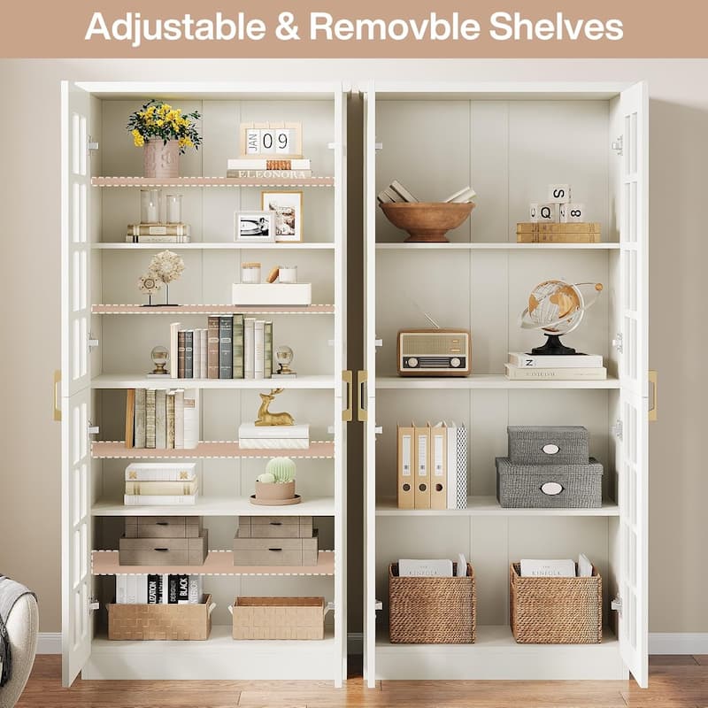 8 Tier Tall Modern Bookcase with Acrylic Doors, Adjustable Shelves