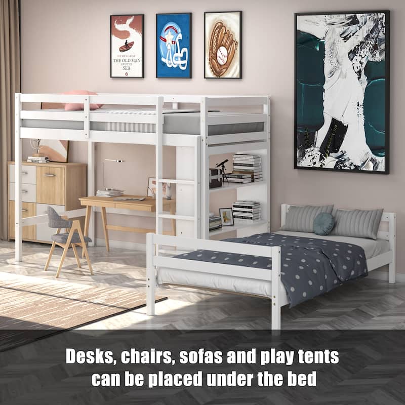 Costway Twin Over Twin Loft Bunk Bed Wood w/Bookcase Guardrail Ladder - 79.5'' x 44'' x 58.5''