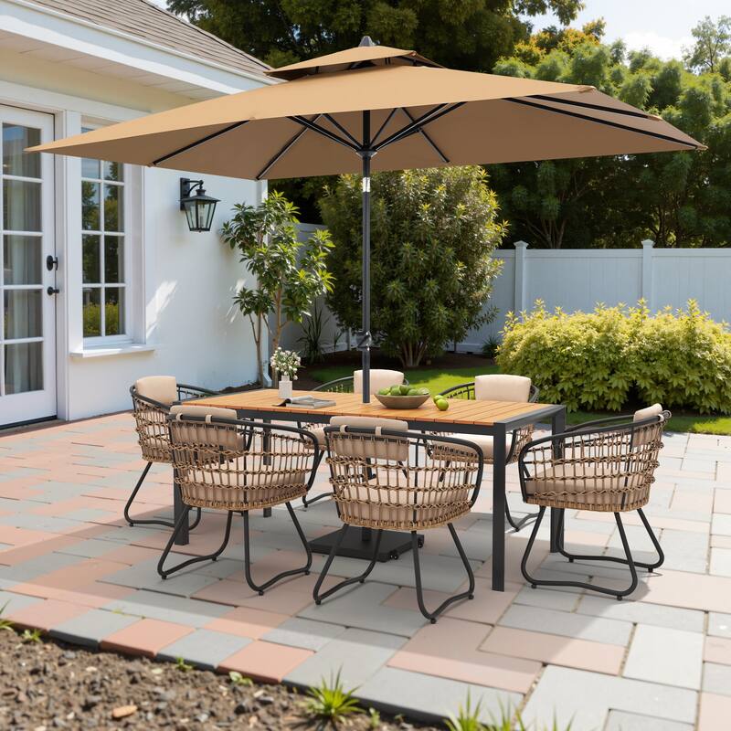 9/11-Piece Outdoor Dining Set Aluminum Table and Rattan Chairs w/10 ft Market Umbrella and Base