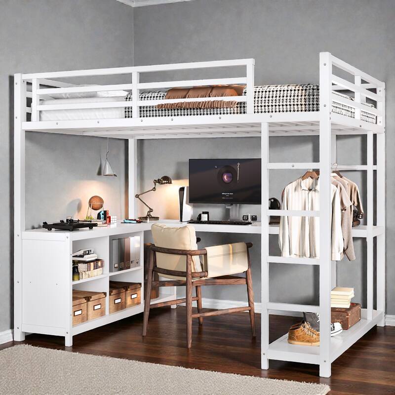 Metal Loft Bed with Wardrobe and L-Shaped Desk, Storage Cubes and Shelves, Space Saving Loft Bed for Teens