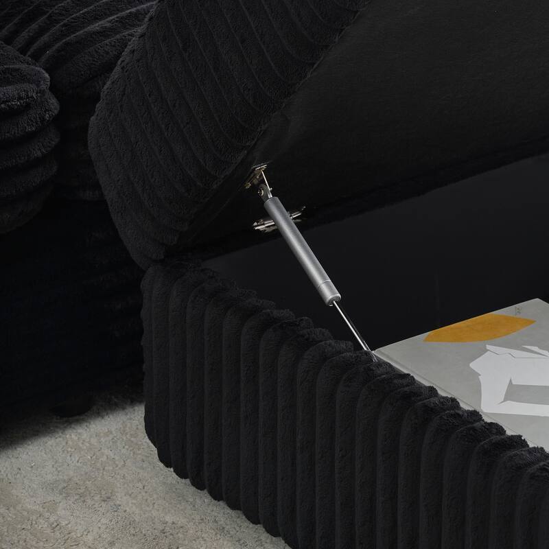 82-inch Black Corduroy Sofa with Storage Ottomans and 4 Pillows