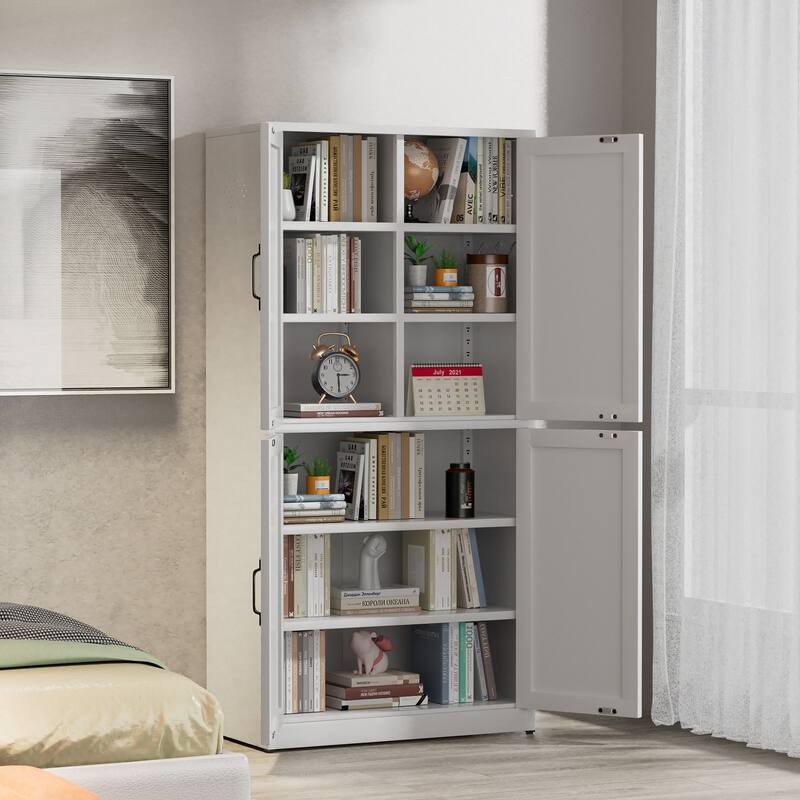 White Steel Kitchen Pantry Storage Cabinet with Adjustable shelves, heavy-duty country cabinet for kitchens, bathrooms