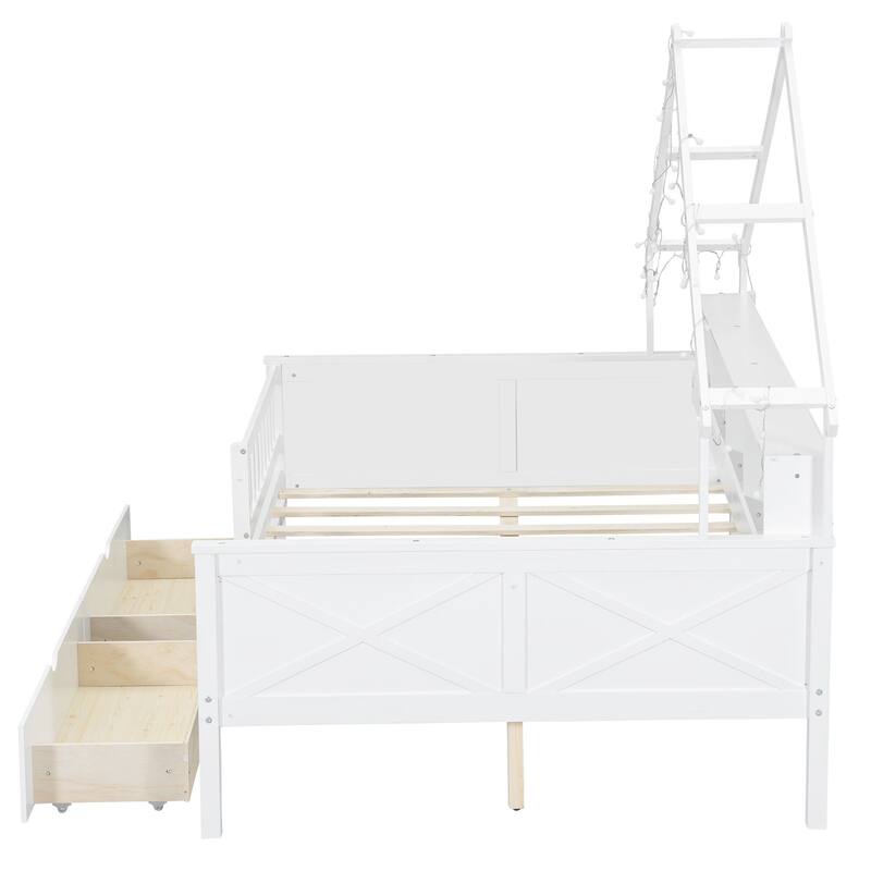 GDFStudio - Wood House Platform Bed with LED, Storage Shelves, Drawers and Guardrail