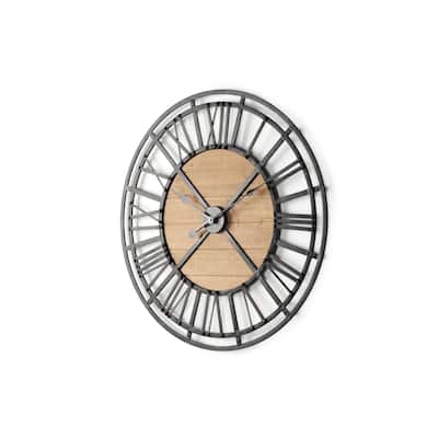 Lewiston Black Iron With Brown Wood 30" Round Wall Clock - 30.1"W x 1.9"D x 30.1"H