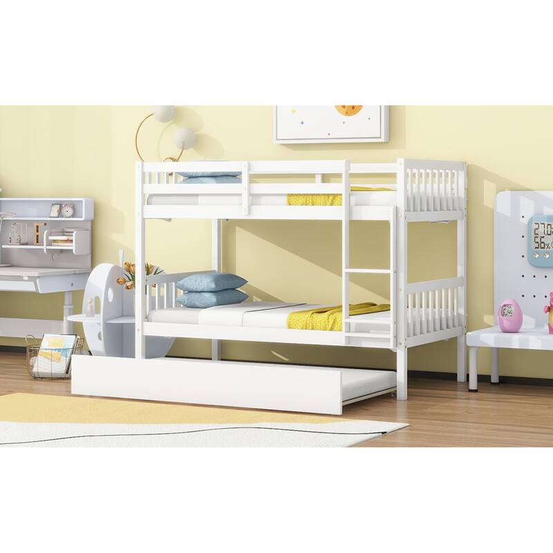 Roomfitters Twin Over Twin Rubber Wood Bunk Bed with Trundle, Convertible to Two Twin Beds, Ladder and Guardrails