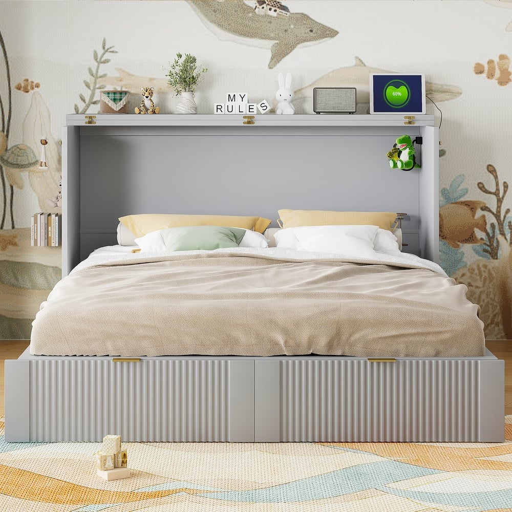 Full/Queen Size Wood Murphy Bed Frame, Pull Out Wall Murphy Bed with Large Drawers and Charging Station, Pulley Design