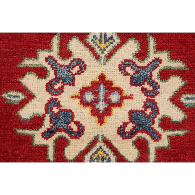 Red Geometric Kazak Foyer Rug Hand-Knotted Wool Carpet - 2'10" x 4'2"
