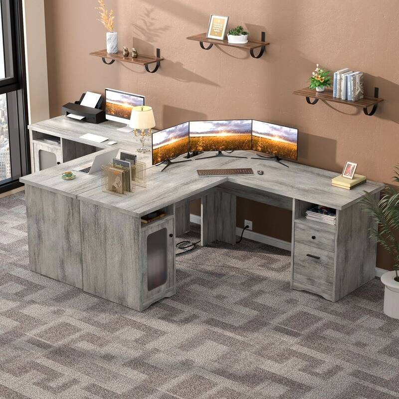 Modern Farmhouse L-Shape Desk with File Cabinet and Drawers, Homer Office Executive Desk with Charge Station
