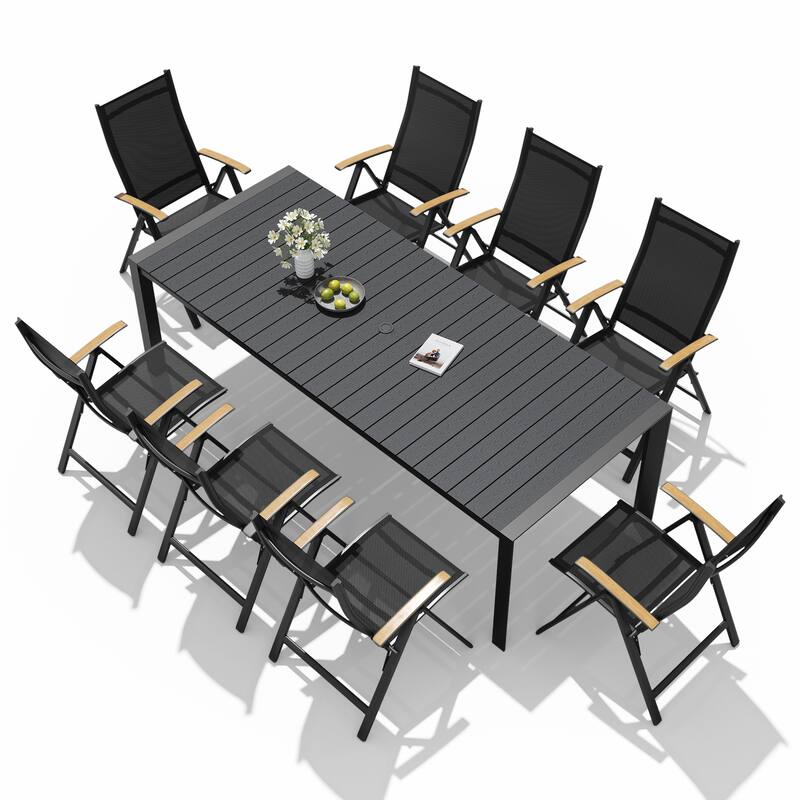 9-Piece Outdoor Patio Dining Set Wood Like Table Top Aluminum Rectangular Umbrella Hole Table with Folding Armrest Chairs