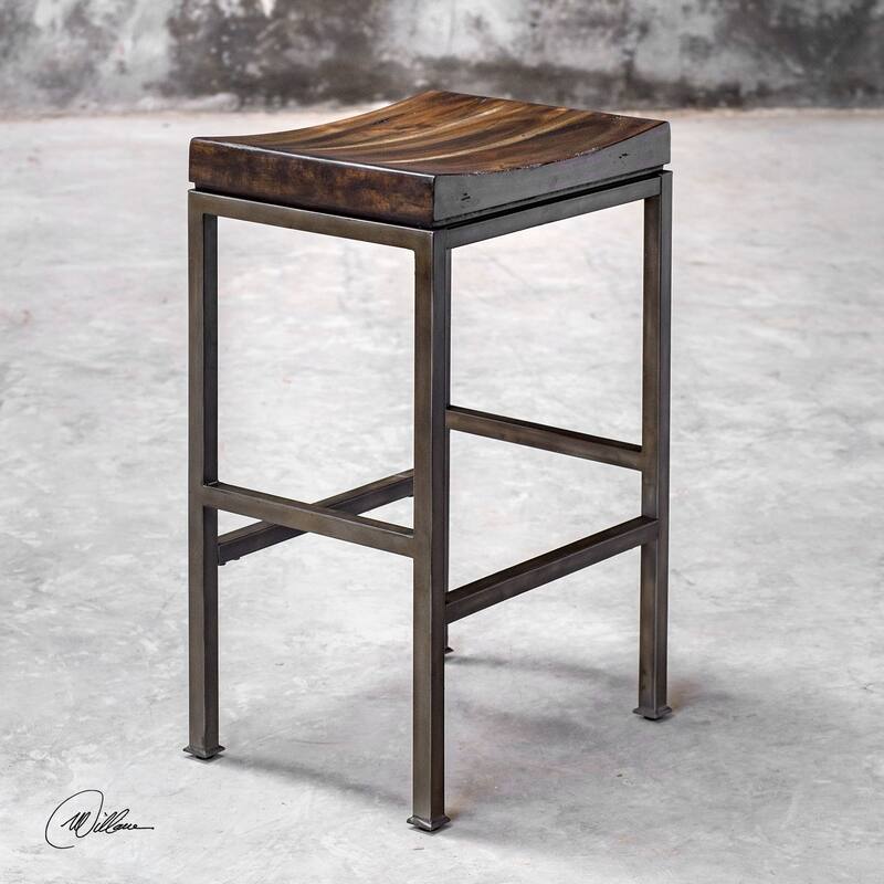 30" Beck Solid Dark Brown Wood Barstool with Industrial Iron Base