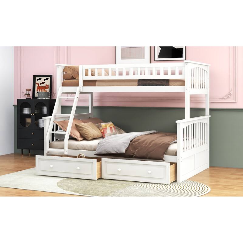 Wooden Storage Bunk Bed Frame with Fence-shaped Guardrails and Pull-out Drawers, Convertible 2 Platform Beds, Detachable Design