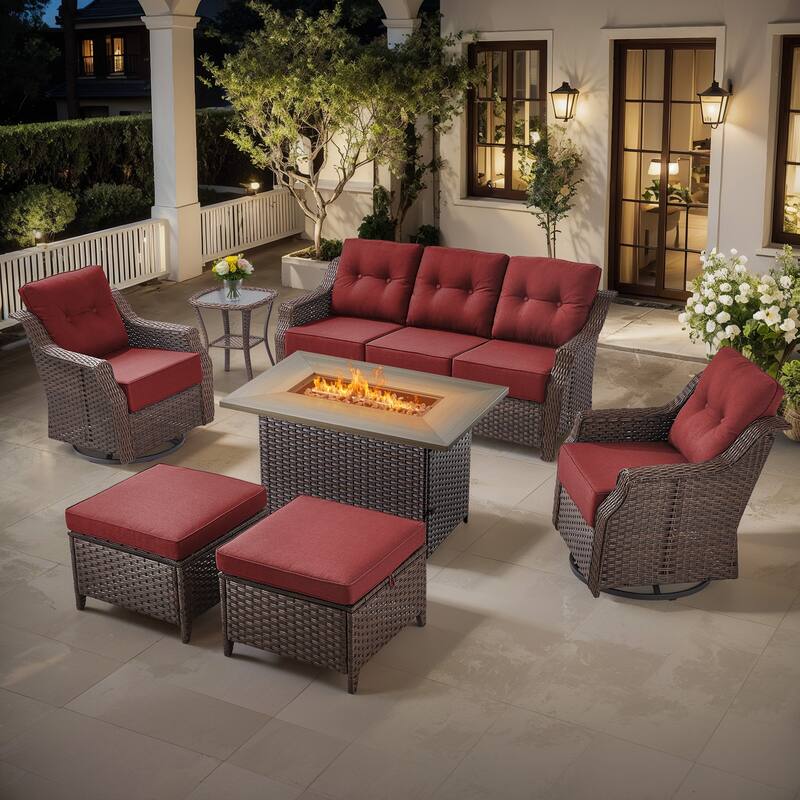 Gymojoy Wicker Patio Furniture Sofa Set with Fire Pit Table, 6-Inch Ultra Thick Cushioned 360° Swivel Glider Chairs - Brown Wicker / Red Cusion - 7-Piece with Ottomans