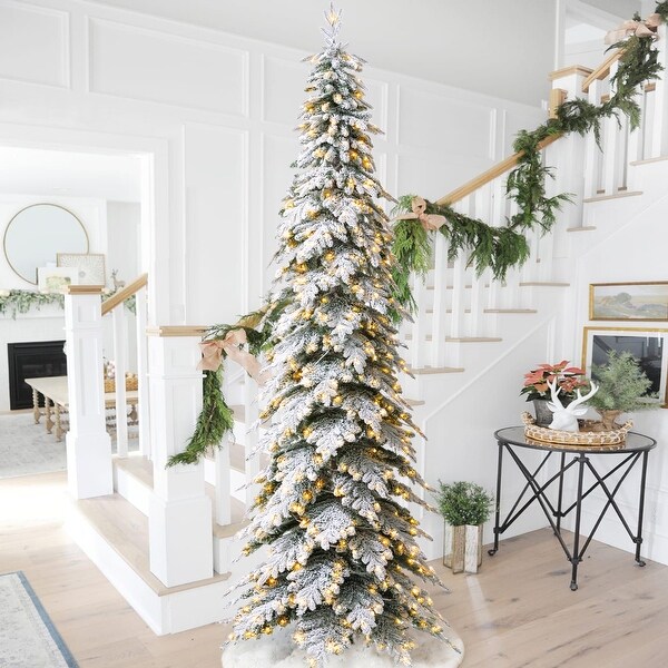 Glitzhome 11ft Pre Lit Flocked Pencil Spruce Artificial Christmas Tree with 700 Warm White Lights