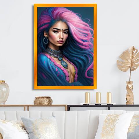 Designart "Fashion Indian Woman In Pink And Blue VI" Contemporary Glam Framed Art Print