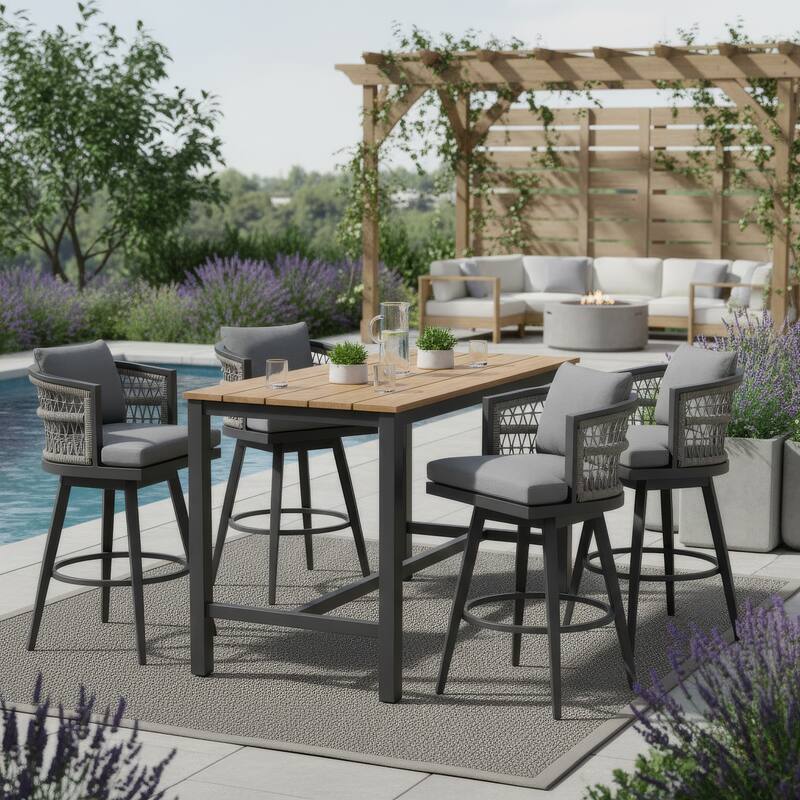 Hosa 30 Inch Outdoor Swivel Barstool Chair, Gray Aluminum, Woven Rope