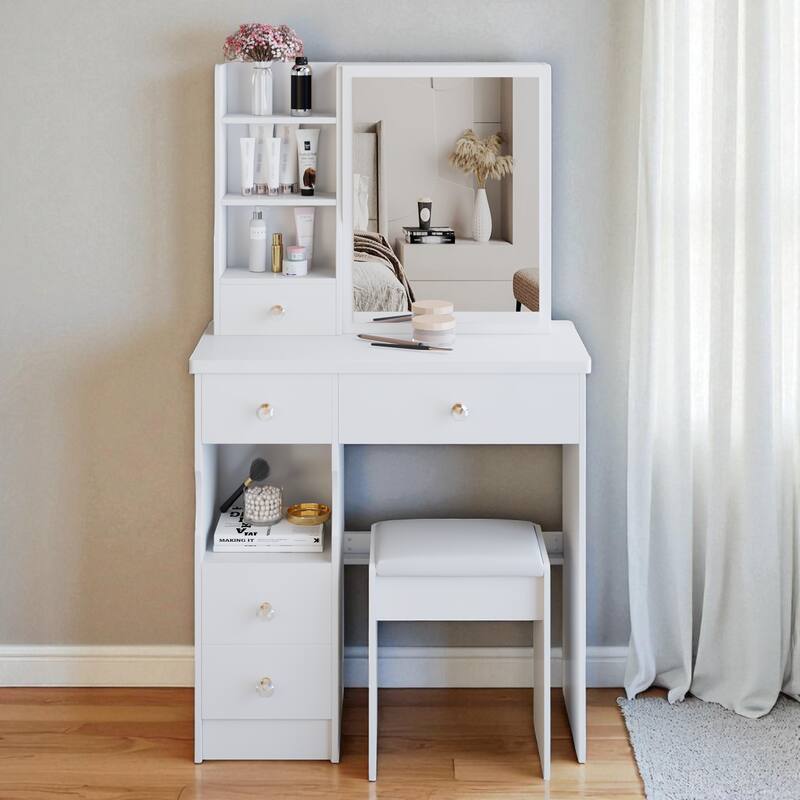 Small Vanity Desk with Sliding Mirror and Stool, Compact Makeup Table with Drawer and Storage for Small Spaces - White