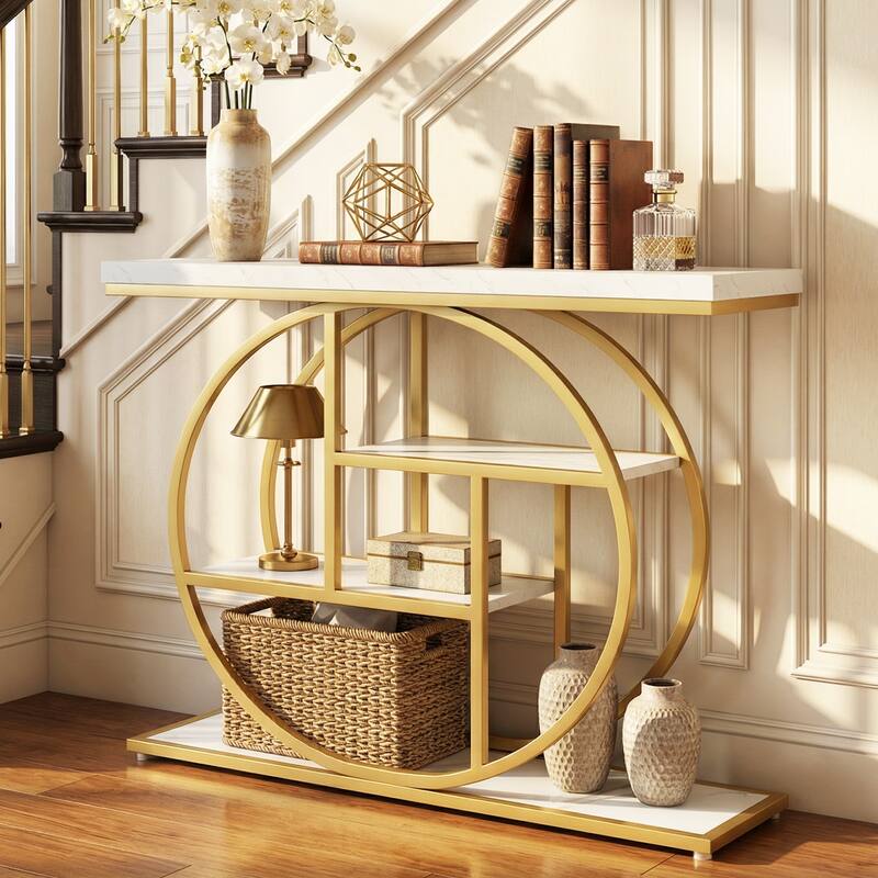 Gymax 4-Tier Console Table w/Storage Shelves Circle Base Accent Behind