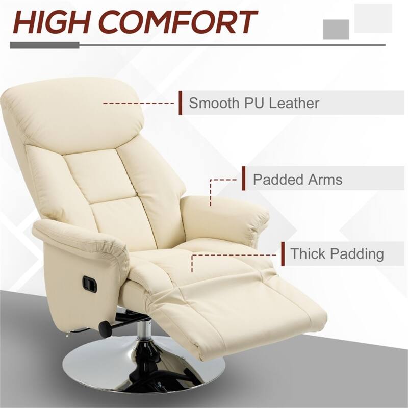 Cream White PU Leather Recliner Chair with Adjustable Backrest Swivel and Footrest for Living Room Office and Lounge