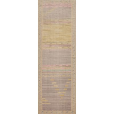 Hand Woven Oriental 100% Wool Carpet Southwestern Tribal Purples Kilim Runner Rug - 9' 7'' X 2' 8''