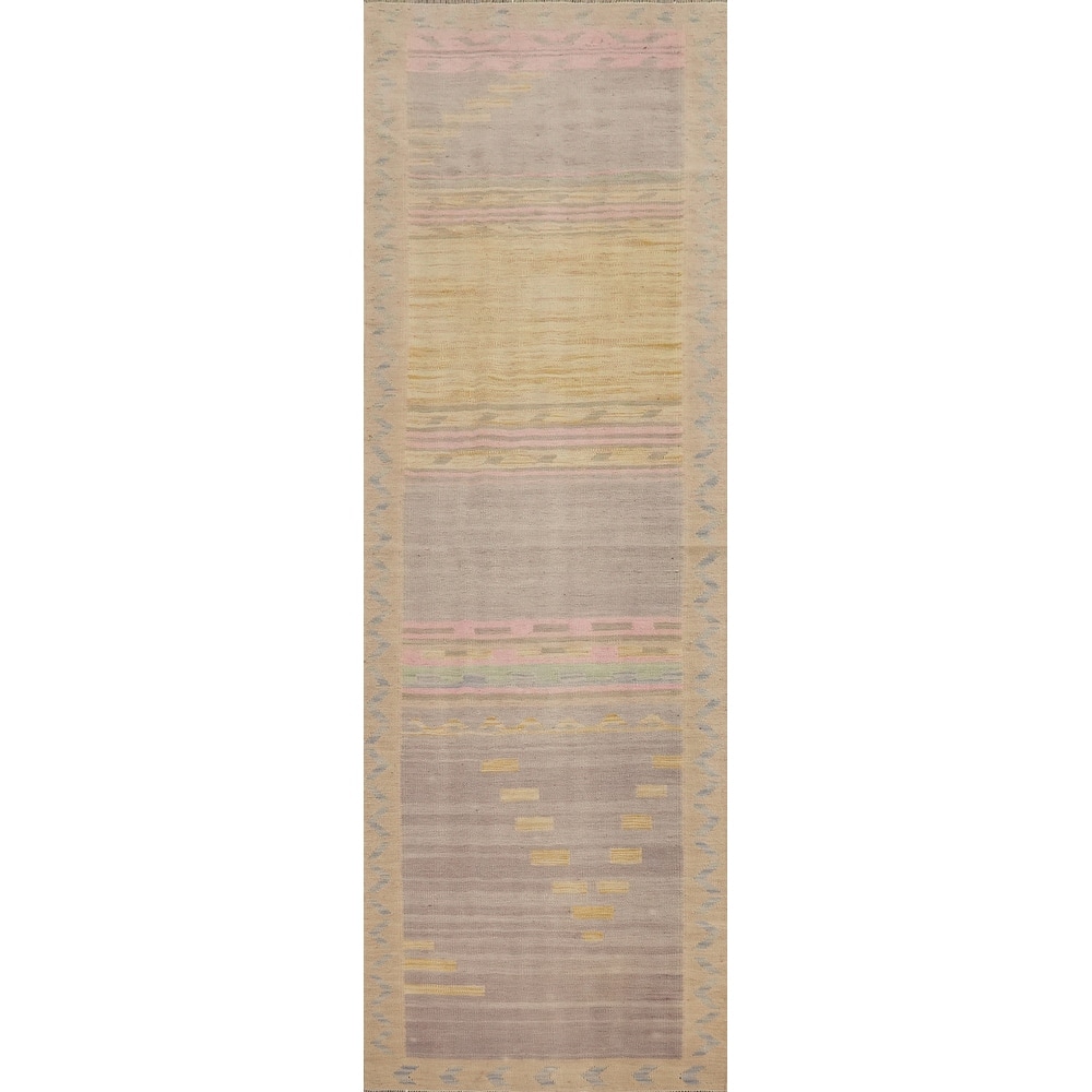 Hand Woven Oriental 100% Wool Carpet Southwestern Tribal Purples Kilim Runner Rug - 9' 7'' X 2' 8''