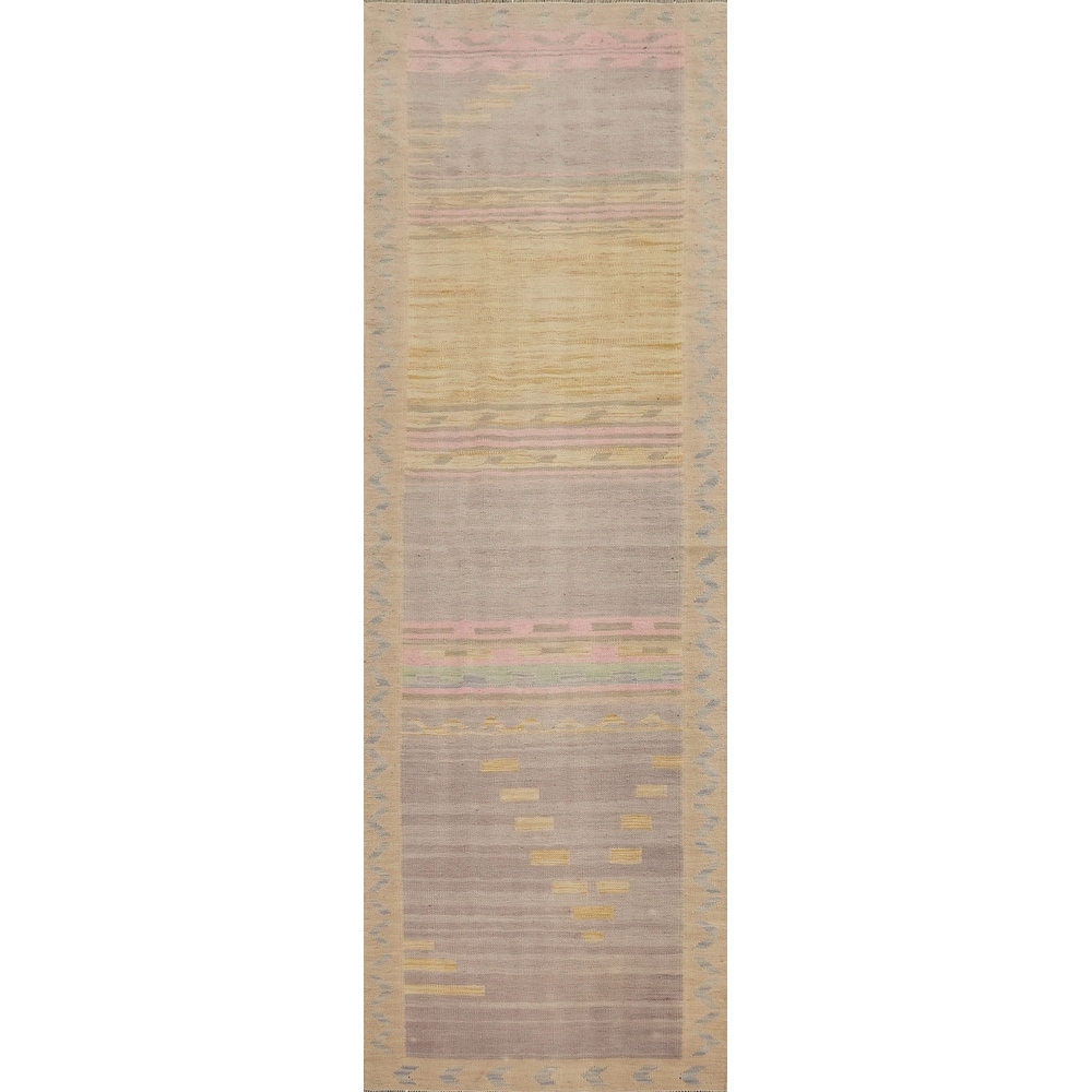 Hand Woven Oriental 100% Wool Carpet Southwestern Tribal Purples Kilim Runner Rug - 9' 7'' X 2' 8''