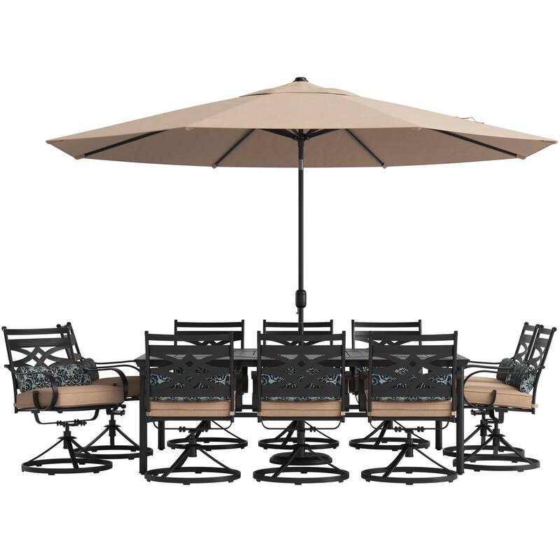 Hanover Montclair 11-Piece Dining Set in Tan with 10 Swivel Rockers, 60-In. x 84-In. Table, 11-Ft. Umbrella and Umbrella Stand