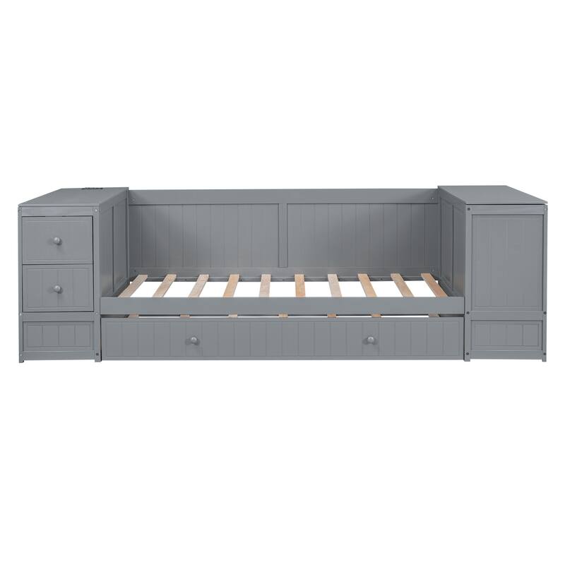 Twin Size Daybed with Storage, Trundle, and Charging Station in Gray