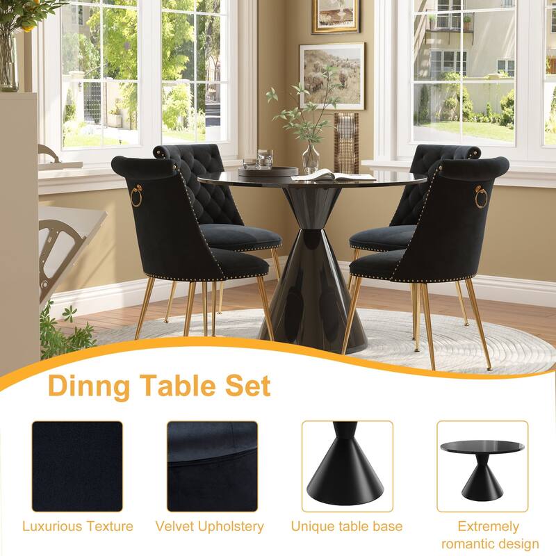 48" Light Luxury Black High Gloss Large Countertop Dining Table with Velvet Dining Chair Set