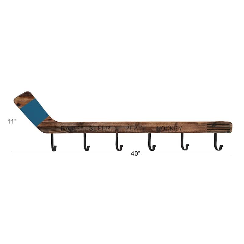 Wood Hockey Stick 6 Hangers Wall Hook - Brown - Roche River Decor - 2"W x 40"L x 11"H