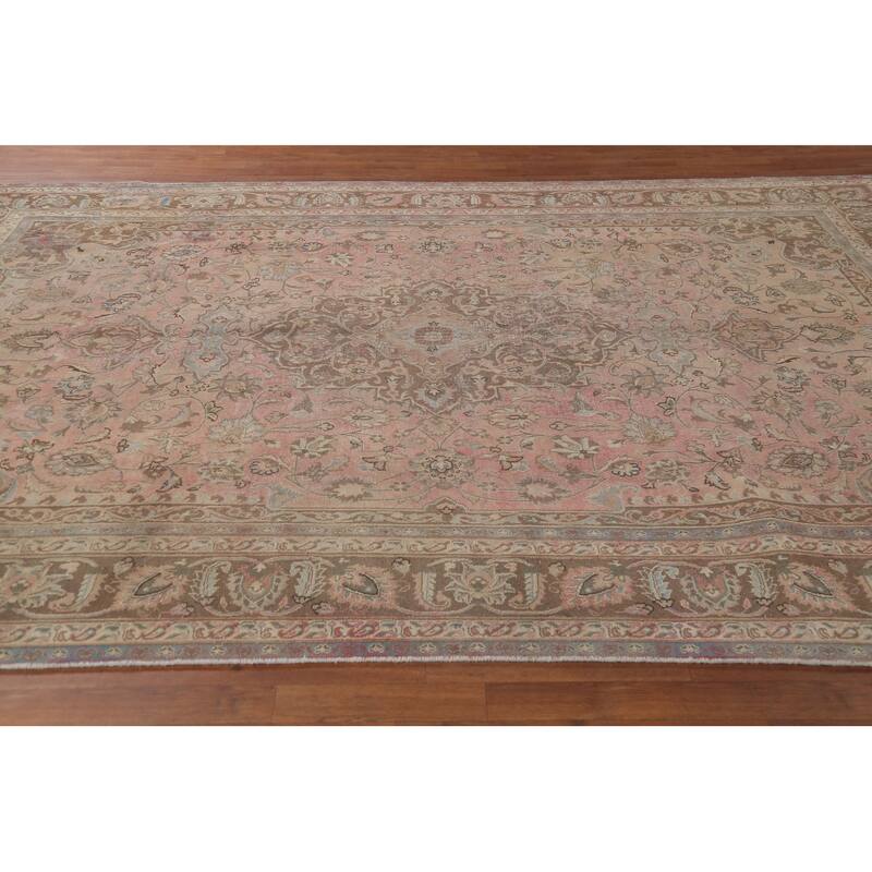 Traditional Pink Mashad Persian Vintage Rug Hand-Knotted Wool Carpet - 8'0"x 10'10"