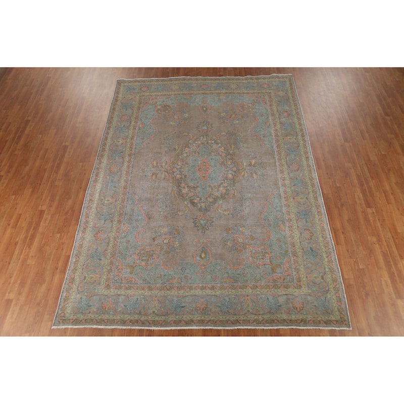 Distressed Gray Tabriz Persian Vintage Area Rug Handmade Wool Carpet - 8'8"x 12'0"