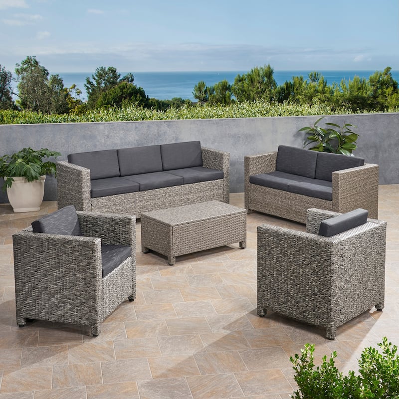 Puerta Outdoor 7-seater Cushioned Wicker Sofa Chat Set by Christopher Knight Home - Mix Black+Dark Gray