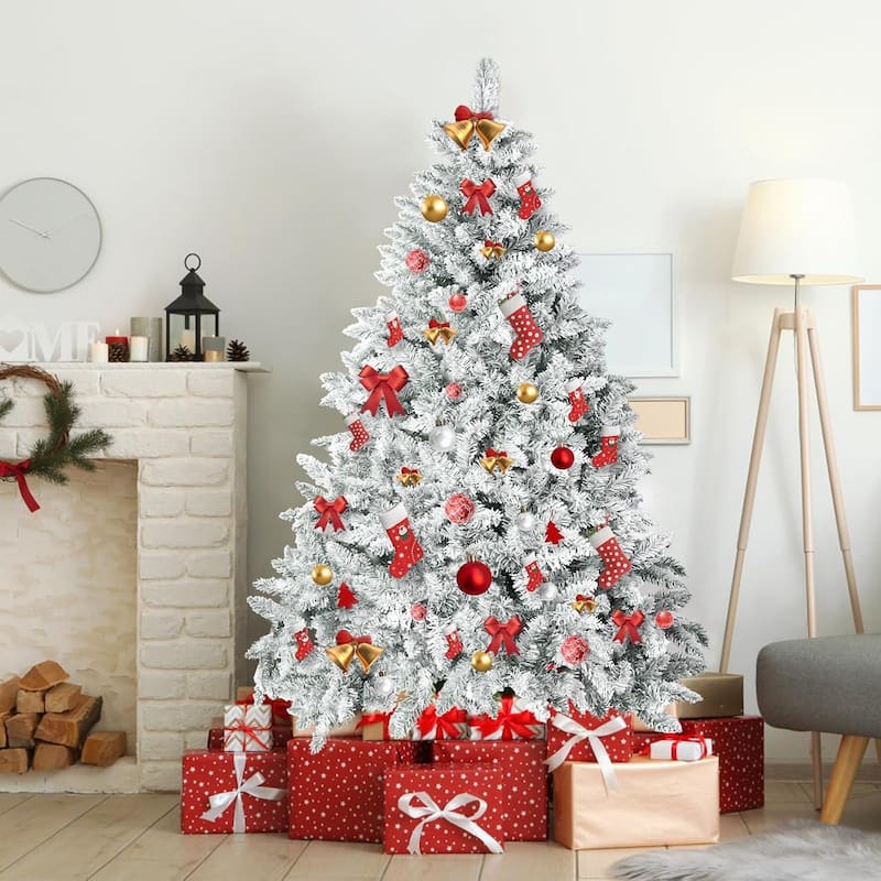 6ft-7ft Artificial Snow Flocked Christmas Tree with Metal Stable Stand Base for Indoor and Outdoor Holiday Decoration