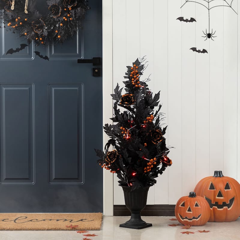 Glitzhome 36"H Halloween Lighted Black Rose Urn Porch Tree with Timer