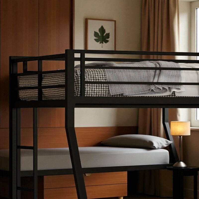 Full Size Metal Bunk Bed with Ladder and Rolling Trundle, Square Tube Frame, Heavy-Duty Triple-Sleeper for Home or Dorm