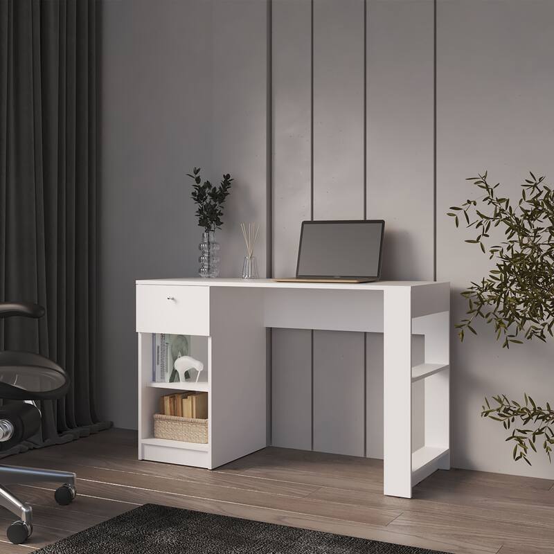White L-shaped Computer Desk with CPU Holder - White