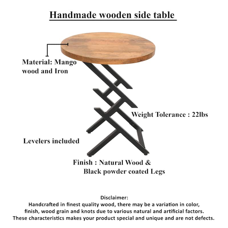 23 Inch Side End Table, Natural Brown Round Wood Top, Modern Black Angled Iron Legs