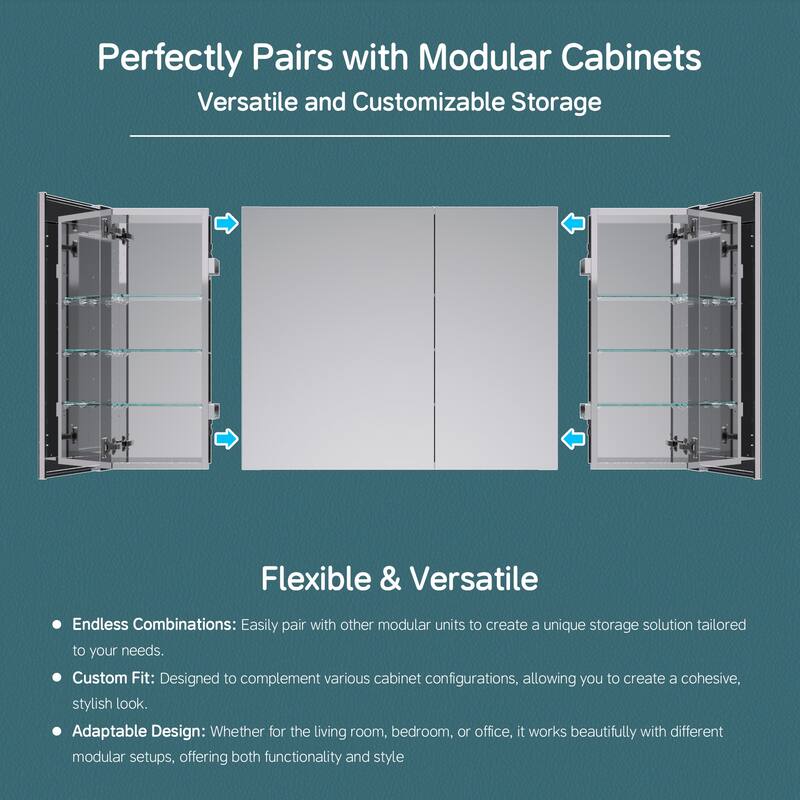 12x36" Tri-View Mirrored Medicine Cabinet with Soft-Close Blum Hinges, Recessed/Surface Mount, Reversible Door, Aluminum Body