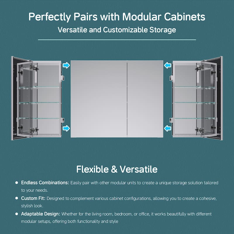 24x36" Tri-View Mirrored Medicine Cabinet, Soft-Close Blum Hinges, Reversible Bi-View Door, Recess/Surface Mount, Aluminum Body