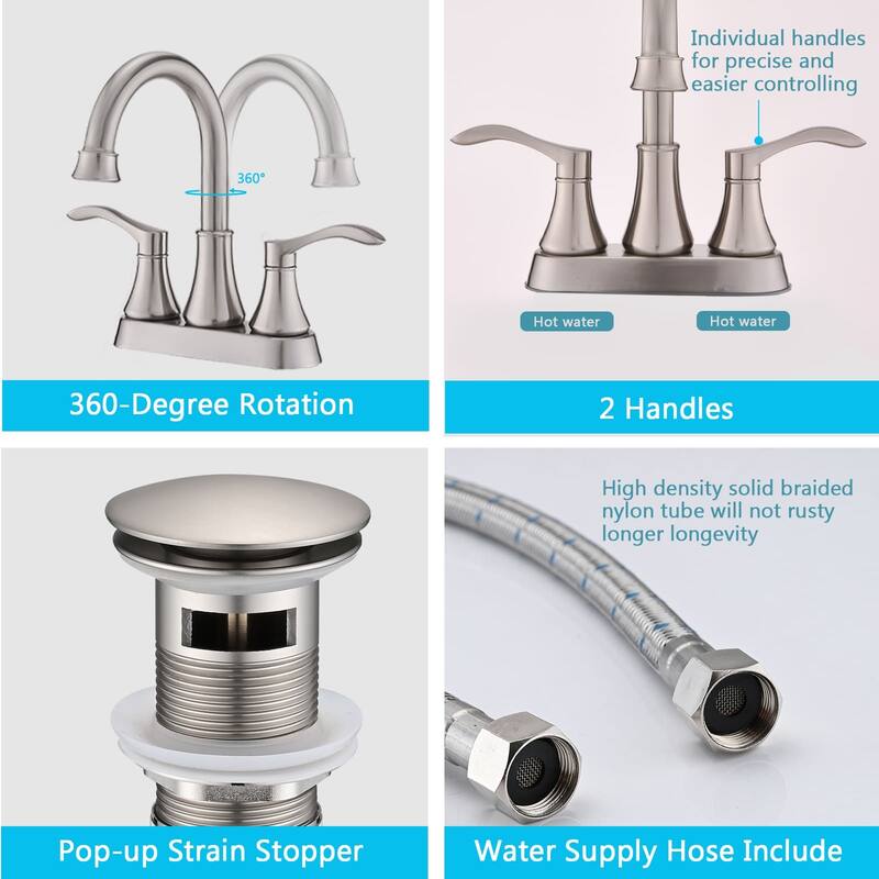 4 Inch Centerset Bathroom Sink Faucet Double Handle Bathroom Faucet with 360° Swivel Spout Vanity Tap with Pop Up Drain