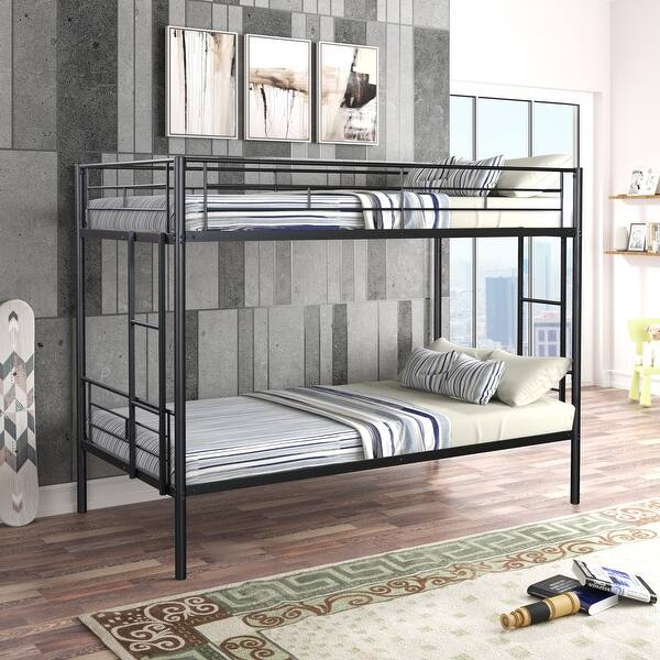 slide 2 of 14, Black Twin over Twin Size Metal Bunk Bed, Heavy-duty with Guardrail Black