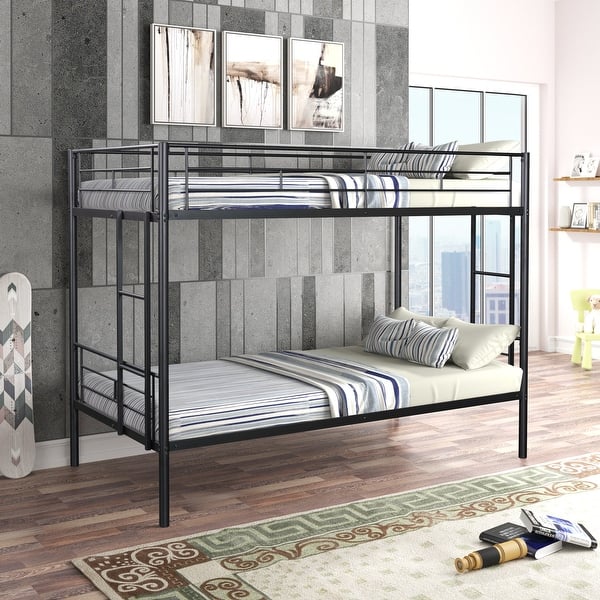 slide 2 of 26, Metal Twin over Twin Bunk Bed with Safety Guardrail & 2 Side Ladders Black - Twin