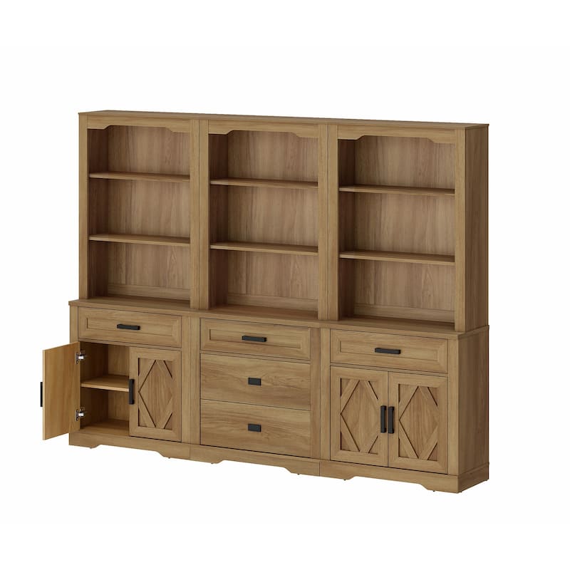 3-Column 73.3" Tall Bookshelf Set with Open Storage and Glass Doors