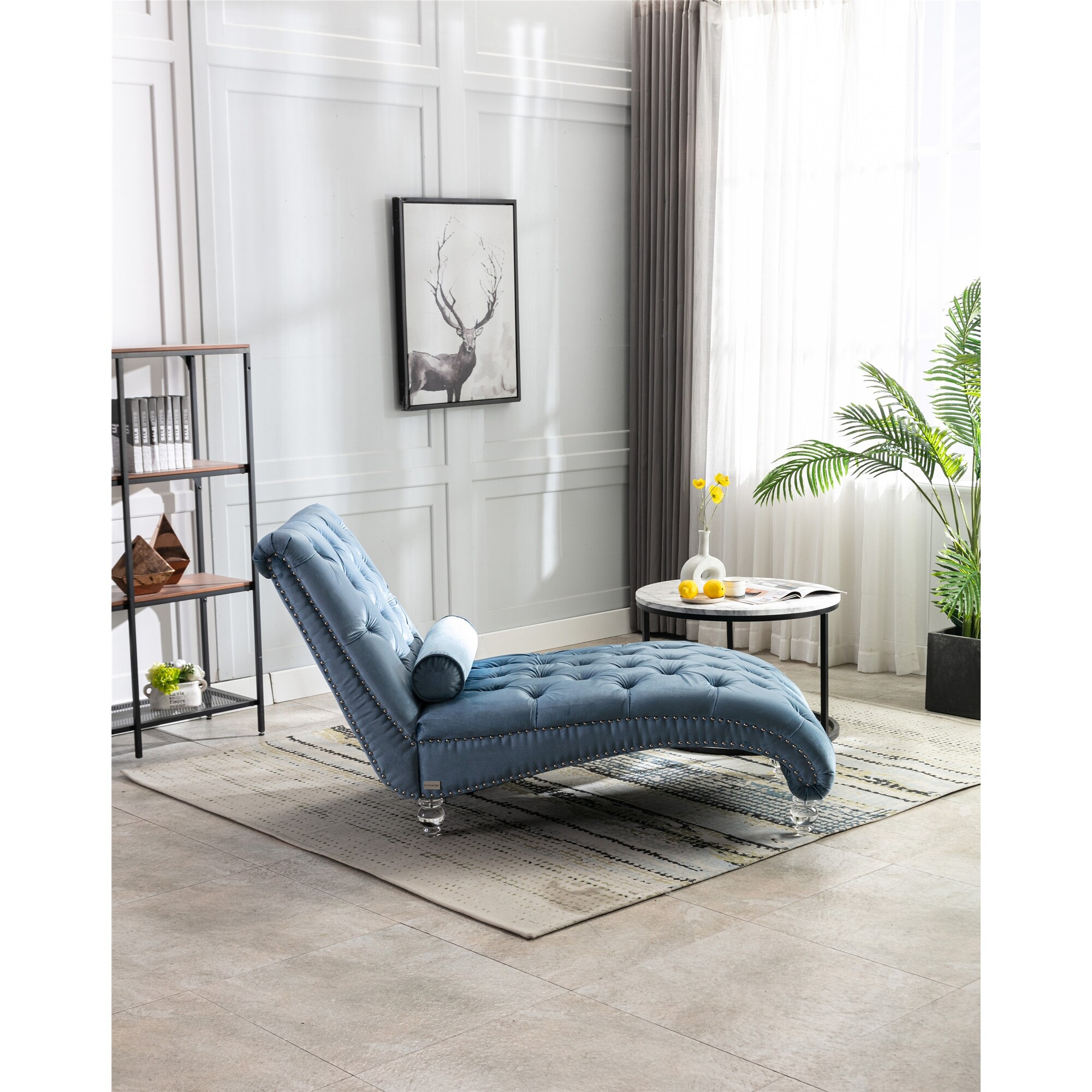 Blue tufted chaise lounge deals